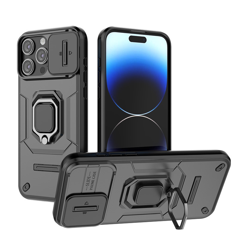 Slide Camera Cover Built-in Kickstand Rotated Ring Shockproof Protective Phone Case For iPhone 15